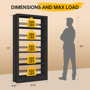 5-Tier Metal Bookshelf, 71"H Adjustable Tall Bookcase