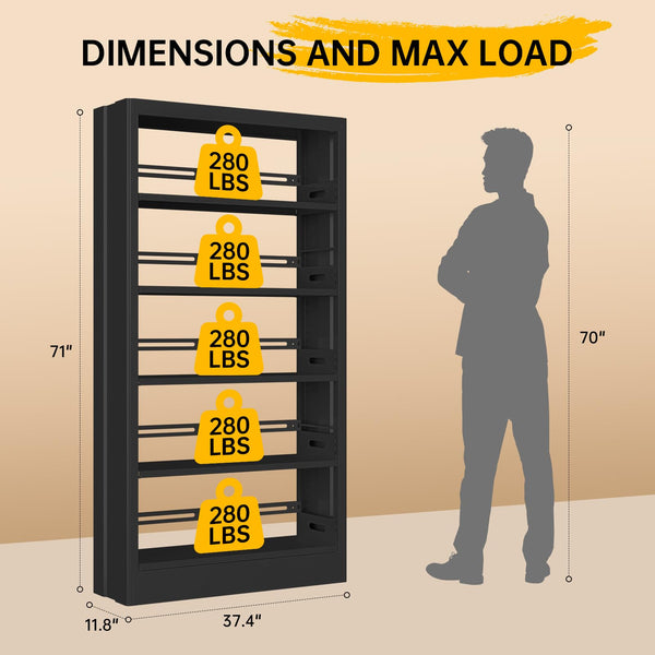 5-Tier Metal Bookshelf, 71"H Adjustable Tall Bookcase