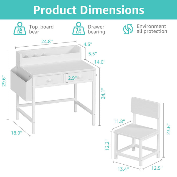Kids Desk and Chair Set with Fabric Drawers and Storage