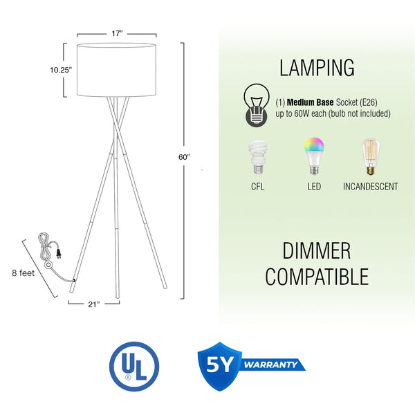 Tripod Floor Lamp with Drum Shade – 60" Metal Standing Lamp