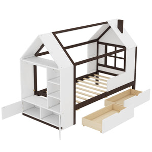 Twin Size House Platform Bed with Storage Drawers, Wardrobe & Shelves