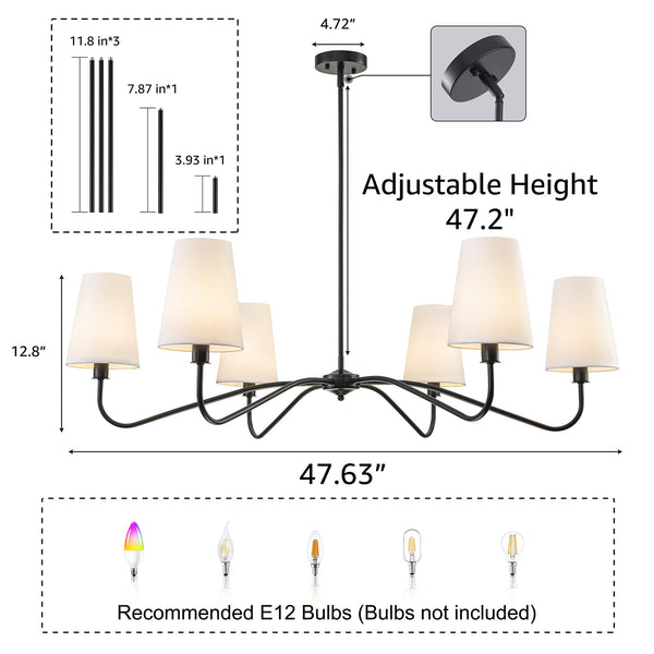 47-Inch Modern 6-Light Chandelier with Fabric Shades – Adjustable Large Ceiling Light Fixture