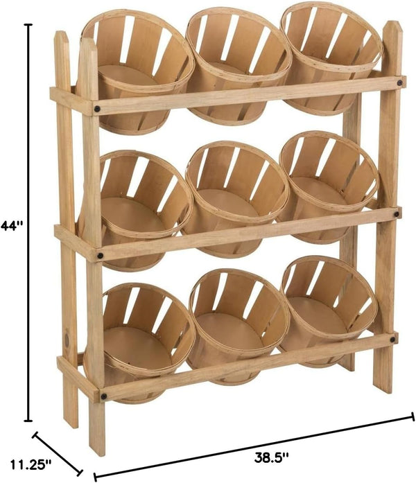 9-Bin Tiered Wooden Basket Display Stand – Oak
