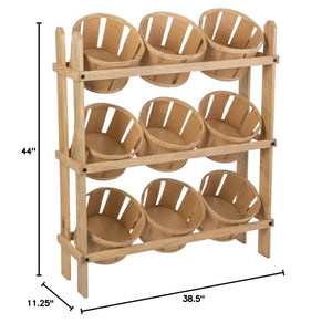 9-Bin Tiered Wooden Basket Display Stand – Oak