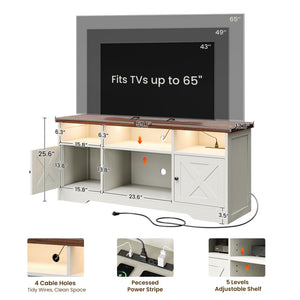 65-Inch Farmhouse TV Stand with LED Lights, Power Outlet & Storage Cabinets