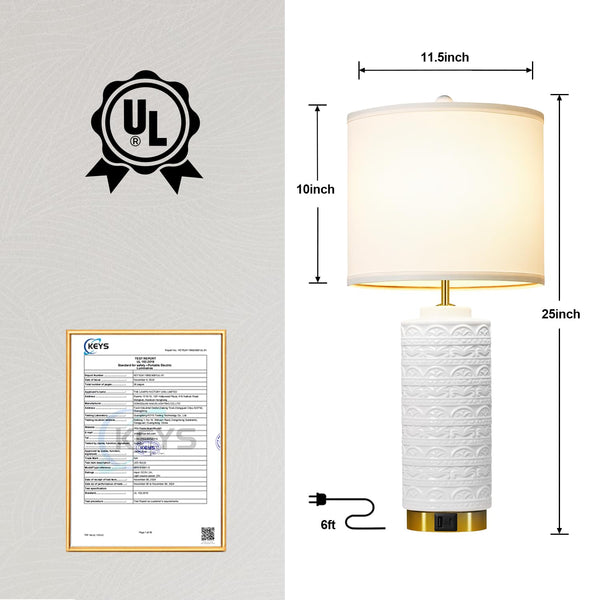 Ceramic Bedside Lamp Set of 2 with Dual USB Ports