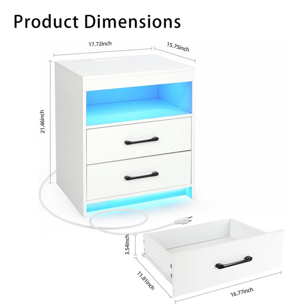 LED Nightstand with Charging Station, 2 Drawers & Open Compartment