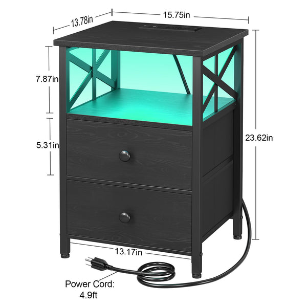 Nightstand Set of 2 with Charging Station & LED Lights