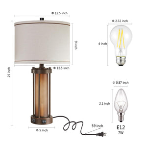 Farmhouse Table Lamps Set of 2 with USB Charging Ports & Amber Glass Nightlight