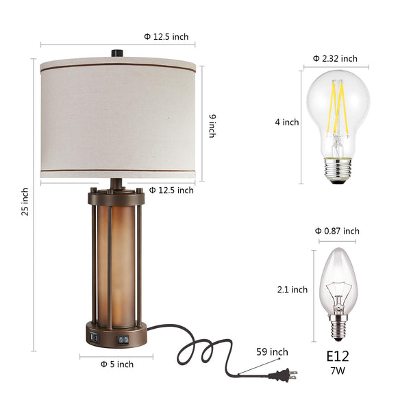 Farmhouse Table Lamps Set of 2 with USB Charging Ports & Amber Glass Nightlight