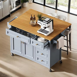 54" Rolling Kitchen Island with Drop Leaf & Storage Drawers