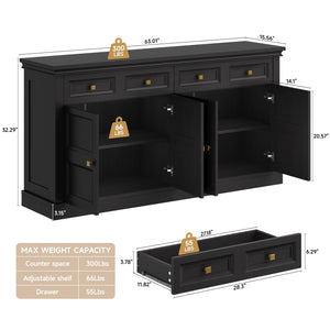 63-Inch Buffet Cabinet with Storage, 4 Doors, Drawers & Shelves