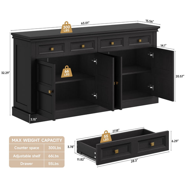 63-Inch Buffet Cabinet with Storage, 4 Doors, Drawers & Shelves