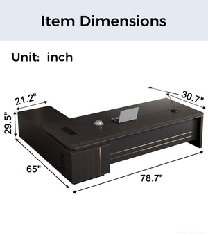 L-Shaped Executive Desk with Power Outlets, Drawers & Storage Shelves