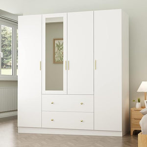 Wardrobe Armoire with Mirror, 5-Tier Shelves, 2 Drawers & 4 Doors