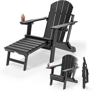 Folding Adirondack Chairs with Retractable Footrest & Cup Holders – HDPE, 400 LBS Capacity