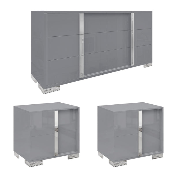 3-Piece Bedroom Set with 6-Drawer Dresser & 2 Nightstands, Grey