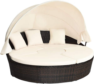 Outdoor Round Rattan Daybed with Retractable Canopy & Adjustable Coffee Table