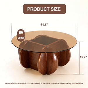 Round Glass Coffee Table with Solid Wood Legs