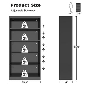 5-Tier Metal Bookcase, 66" Tall with Adjustable Shelves