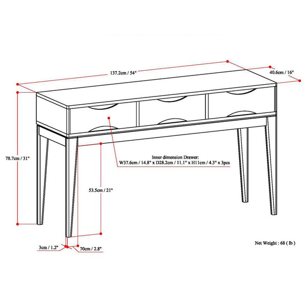 Mid-Century Console Table with 3 Drawers – 54" Solid Hardwood Sofa Table