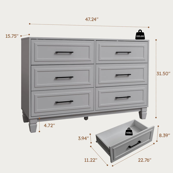 6-Drawer Farmhouse Dresser with Solid Wood Legs – Grey