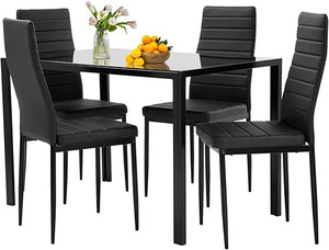 5-Piece Glass Dining Table Set with 4 Upholstered Faux Leather Chairs