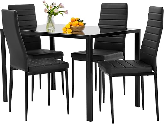 5-Piece Glass Dining Table Set with 4 Upholstered Faux Leather Chairs