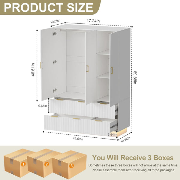 3-Door Wardrobe Armoire with Mirror, LED Lights & Drawers