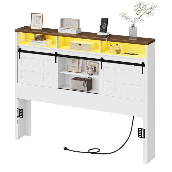 Queen Size Headboard with Storage, LED Lights & Charging Station