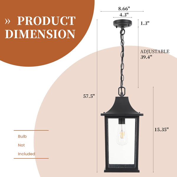 Large Outdoor Pendant Light – Black Aluminum Hanging Lantern with Adjustable Chain