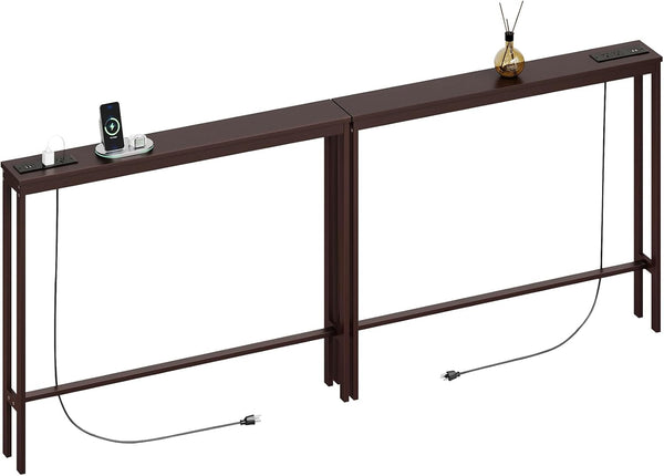 Narrow Bamboo Console Sofa Table with Power Outlets