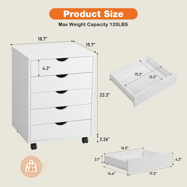 5 Drawer Chest with Wheels – Wood Storage Cabinet