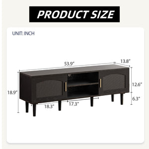 Fluted TV Stand with Rattan Doors, Wood Legs & Gold Handles