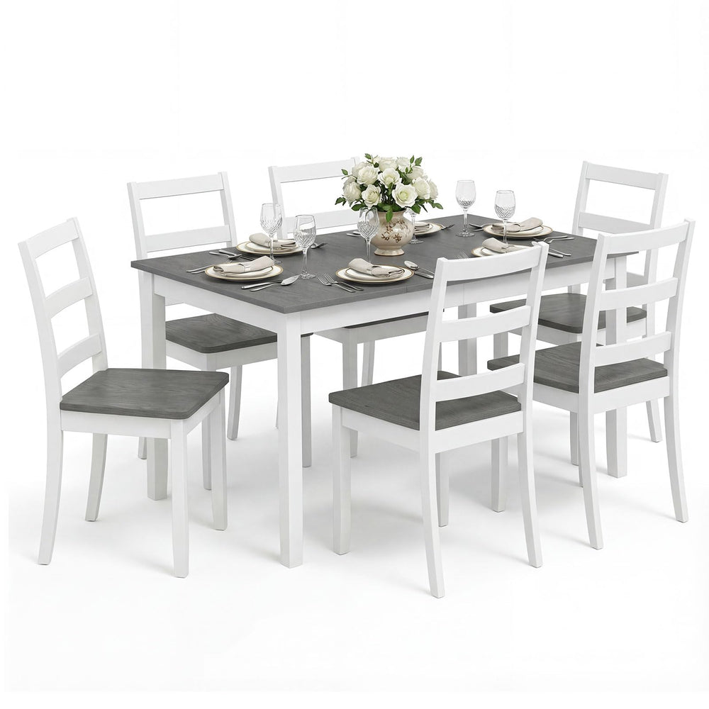 7-Piece Farmhouse Dining Table Set with 6 Chairs — Rubber Wood Legs