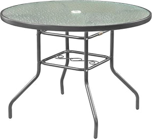 Round Outdoor Patio Dining Table – Steel Frame & Glass Top
