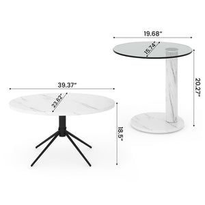 Oval Coffee Table Set of 2 - Faux Marble & Tempered Glass Top