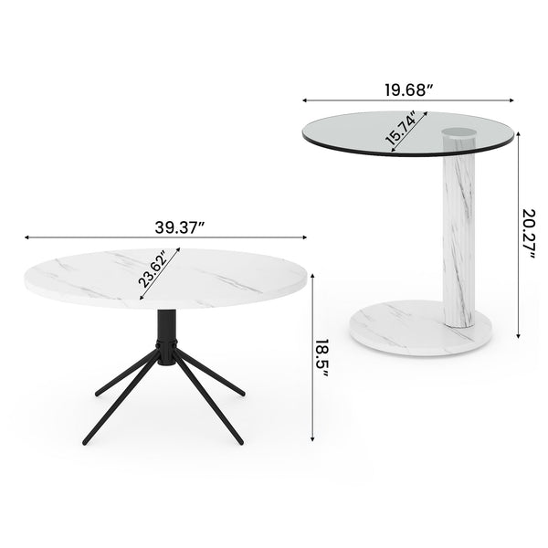 Oval Coffee Table Set of 2 - Faux Marble & Tempered Glass Top