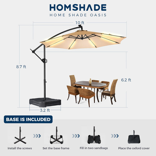 10 ft Offset Patio Umbrella with Solar LED Lights & Base