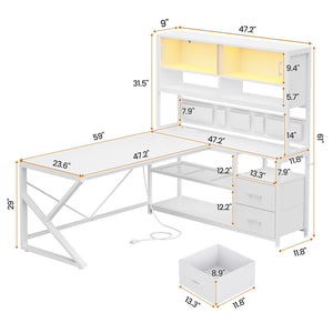 L-Shaped Gaming Desk with Bookshelf, LED Light & Storage Drawers