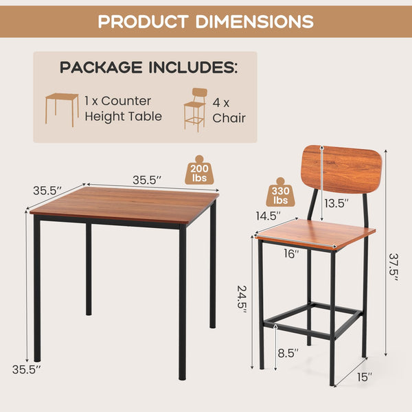 5-Piece Counter Height Dining Table Set with 4 Bar Stools