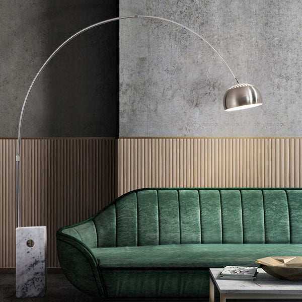 Modern Arc Floor Lamp with Marble Base & Stainless Steel – Adjustable Height Standing Light