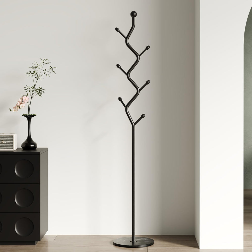 Freestanding Tree Branch Coat Rack with Marble Base & 6 Hooks