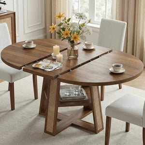 Extendable Round Dining Table with Storage Shelf – Seats 4 to 8