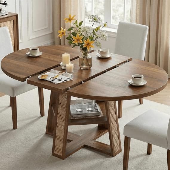 Extendable Round Dining Table with Storage Shelf – Seats 4 to 8