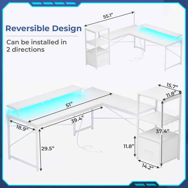 L-Shaped Corner Desk with Storage, LED Lights & Power Outlet