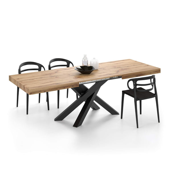 Extendable Dining Table, Rustic Oak with Black Crossed Legs, Seats 6–10