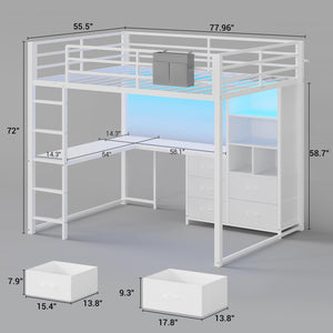 Full Size Loft Bed with L-Desk, Bookshelf & Storage