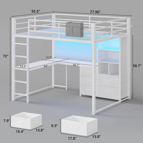 Full Size Loft Bed with L-Desk, Bookshelf & Storage