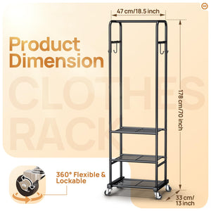 Freestanding Clothes Rack with Wheels & 3 Shelves